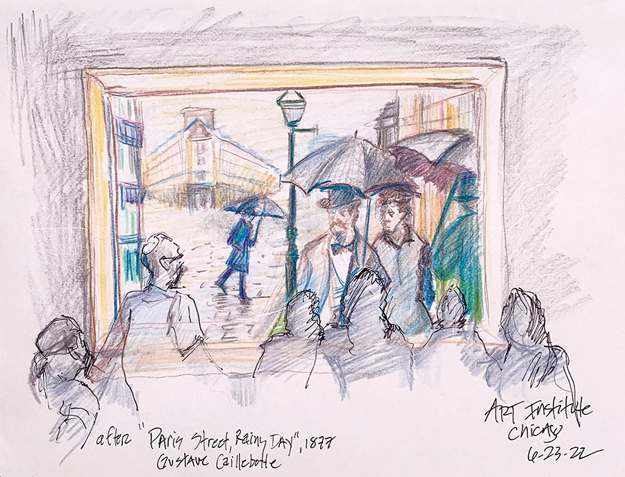 Ken Hubbell sketch of “Paris Street—Rainy Day” at the Art Institute of Chicago.